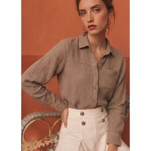 Splendid Women's Brown Cotton Gauze Button‑Up Long Sleeve Shirt Top XS MSRP $98